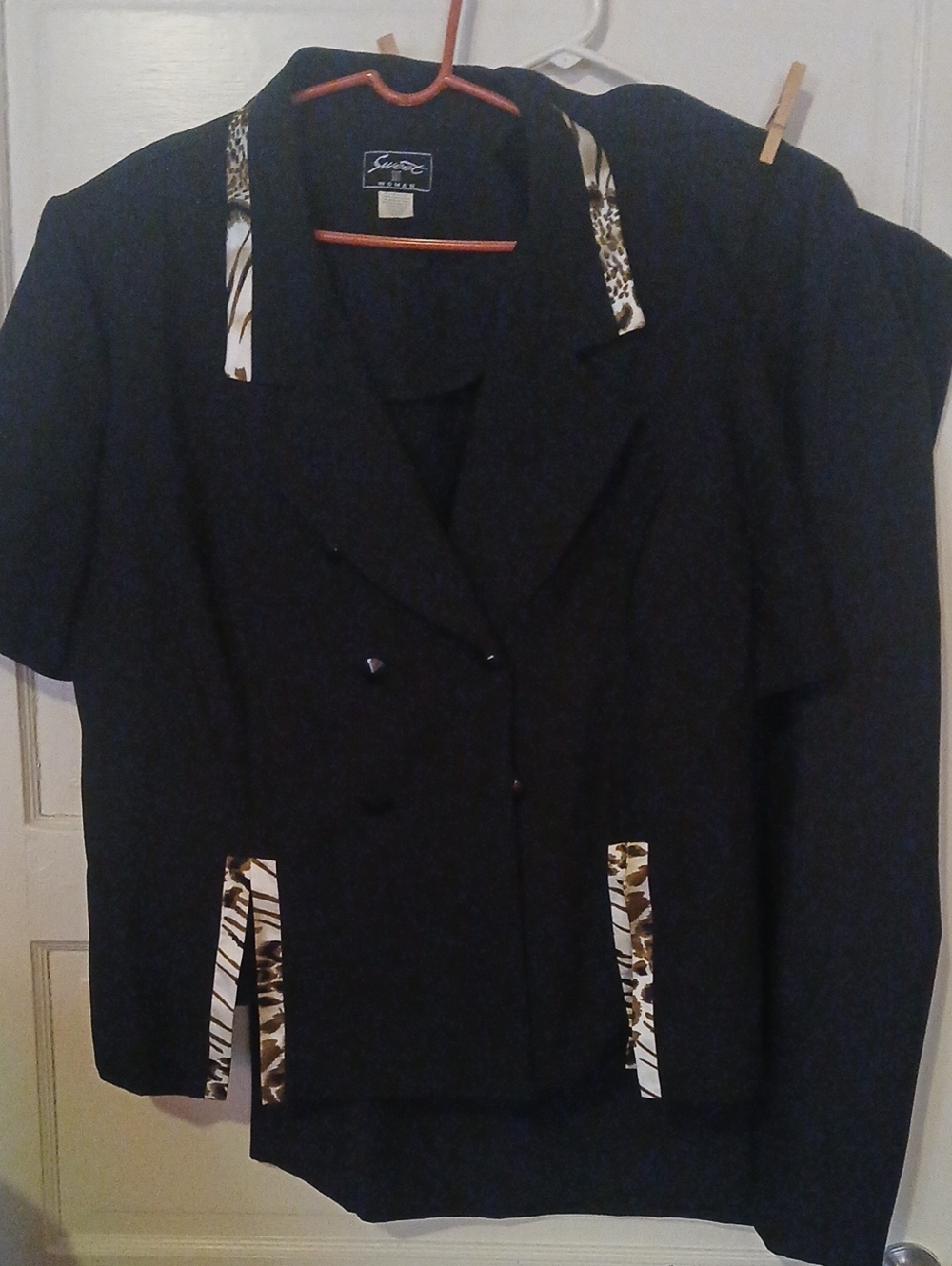 Black Women's Blazer with Animal Print Trim